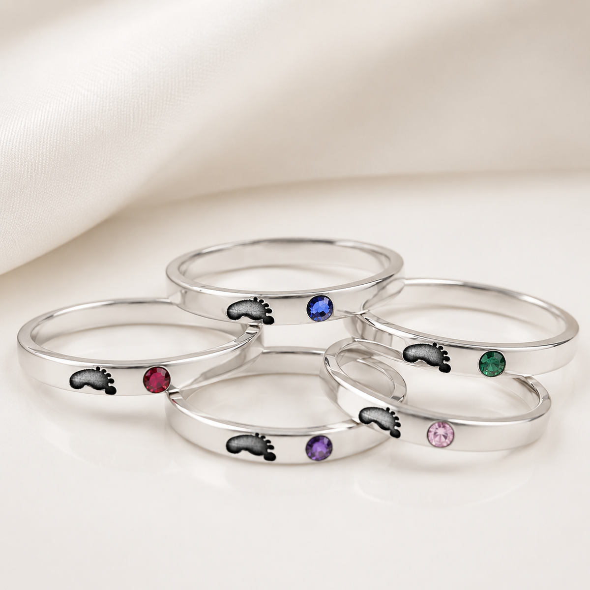 Bague Jeune Maman, empreinte de bébé et pierre de naissance, argent 925