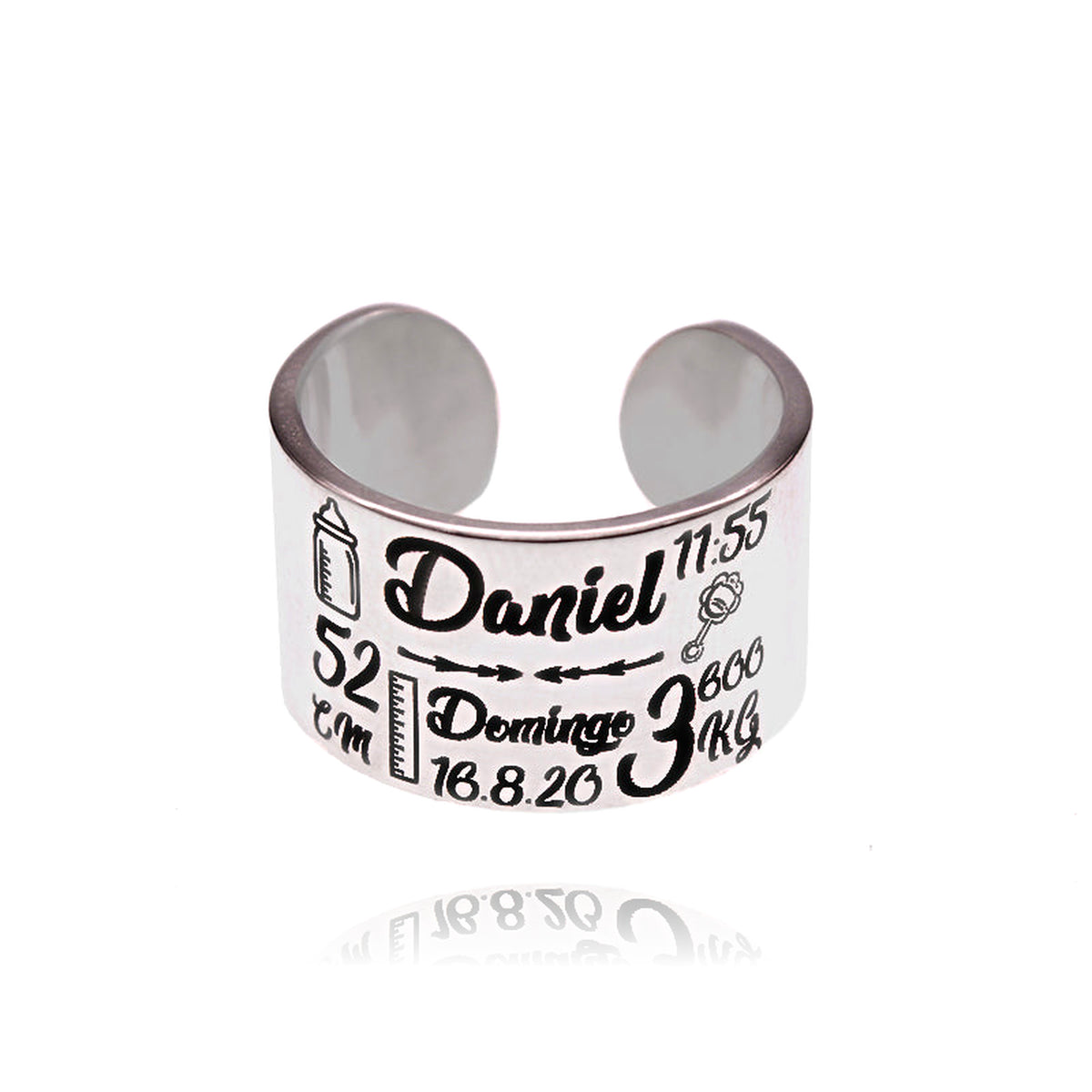 Bague Naissance argent 925, prénom date et heure du bébé gravés