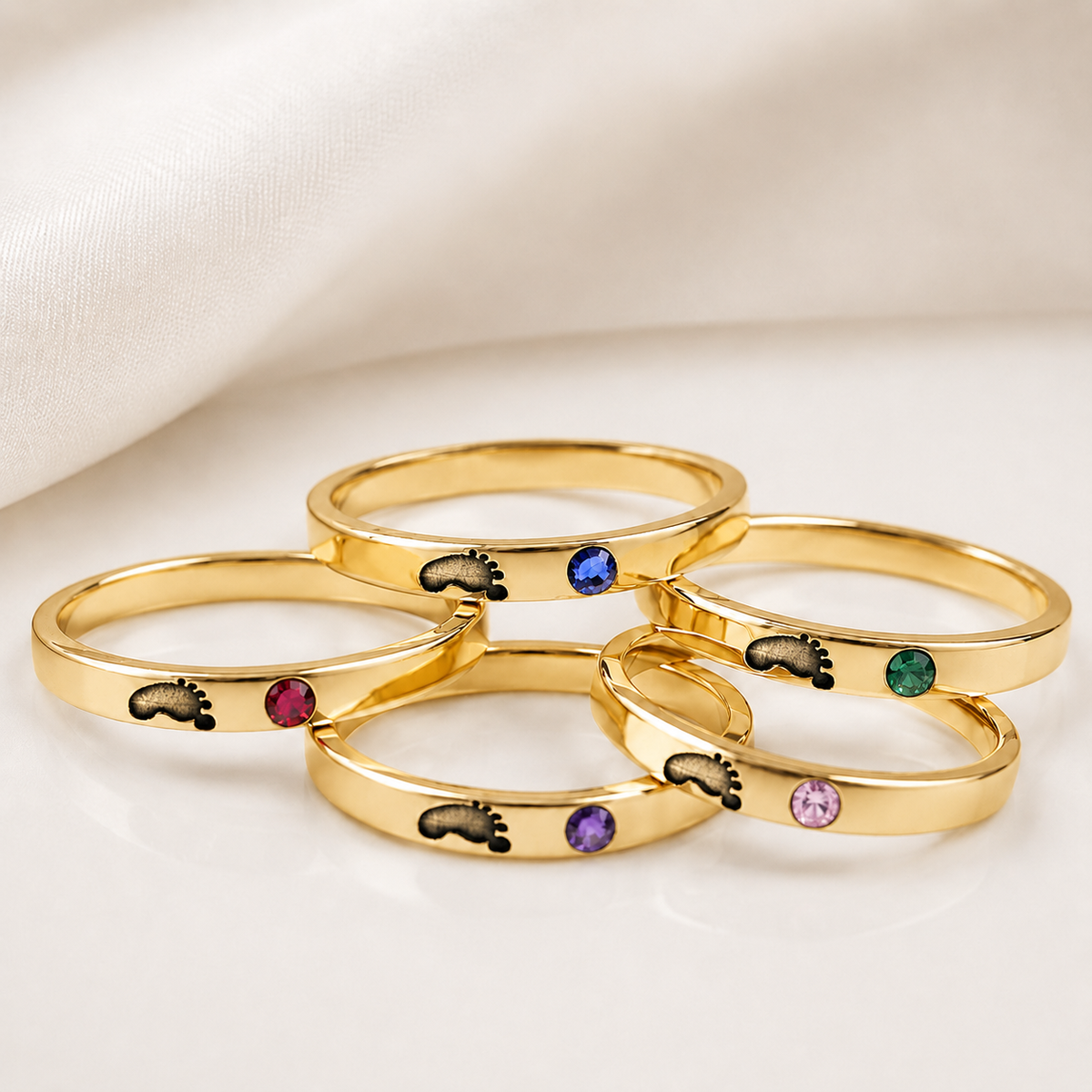 Bague Jeune Maman, empreinte de bébé et pierre de naissance, argent plaqué or