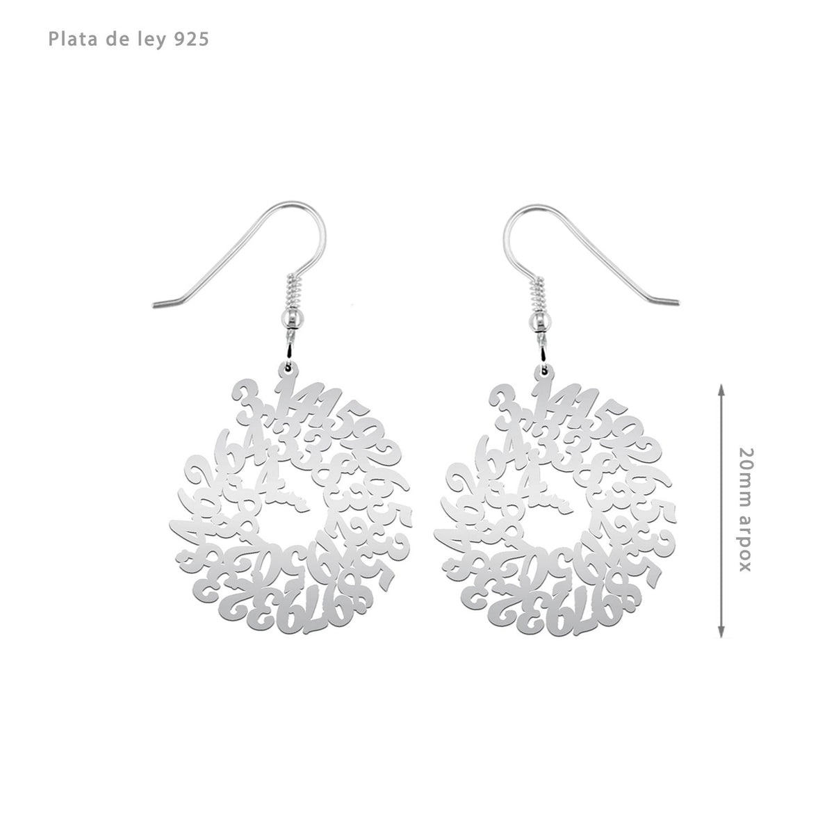 Boucles d'oreilles argent 925 motif nombre Pi