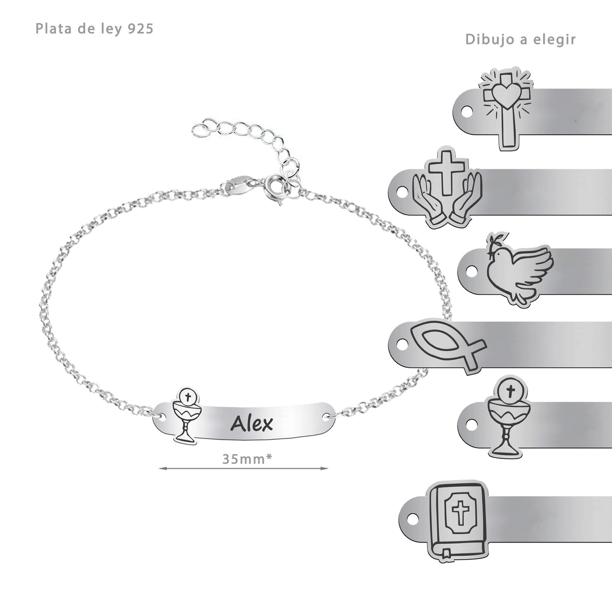 Bracelet Première Communion, prénom et motif gravés, argent massif