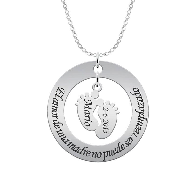 Collier argent 925 personnalisé avec cercle, phrase et pieds d'enfant