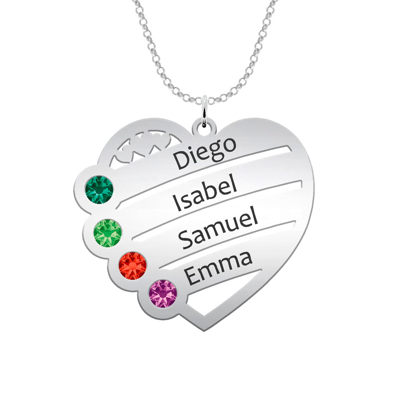 Collier cœur personnalisé argent 4 prénoms 4 pierres de naissance