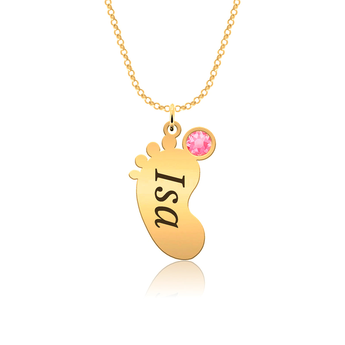 Collier en argent plaqué or, pendentif pied de bébé et pierre de