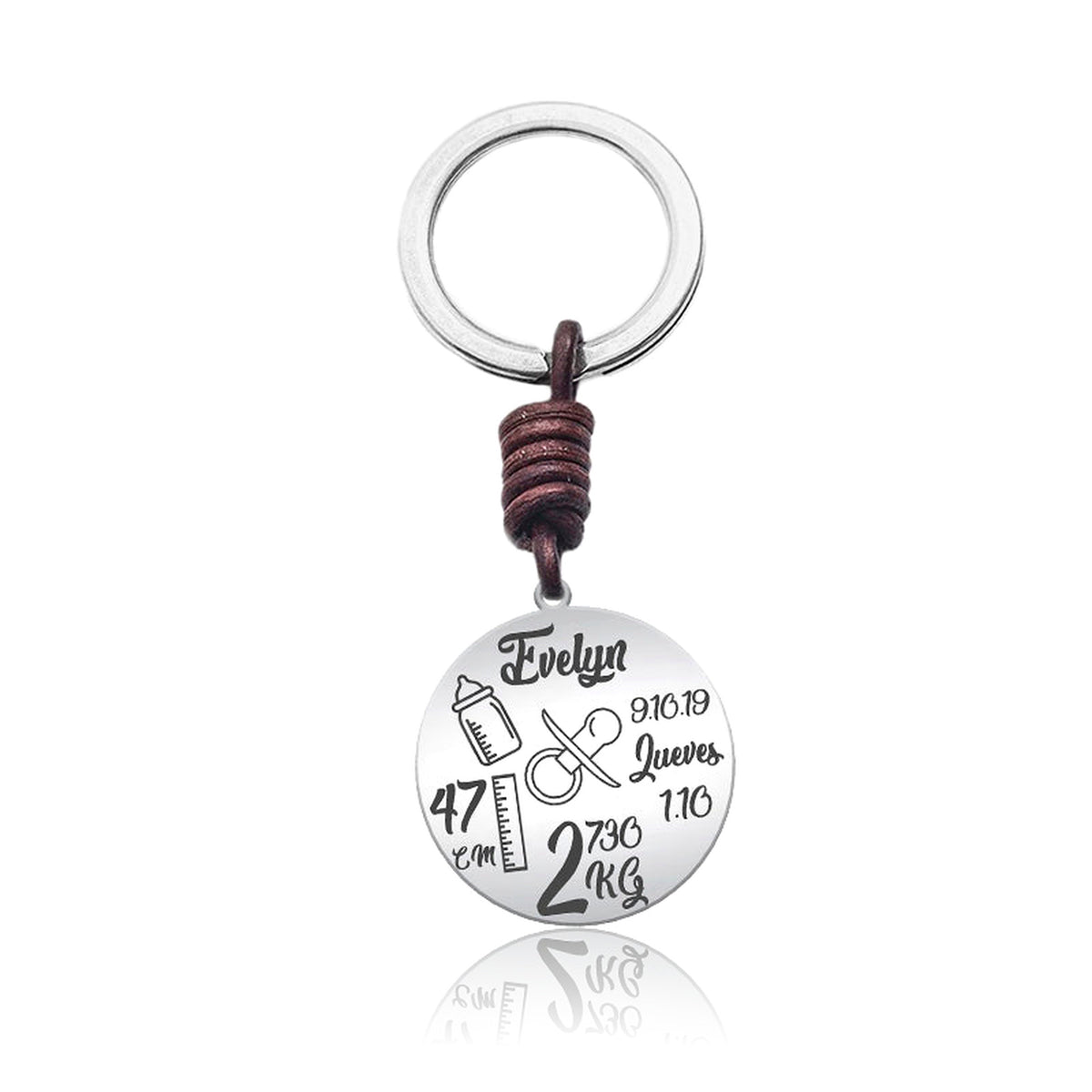 Porte-clés Jeune Papa, date et heure de naissance gravées, argent 925