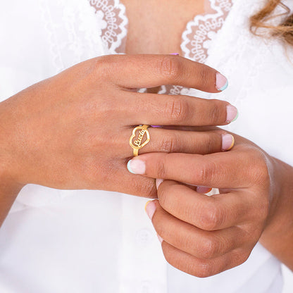 Bague Cœur en Argent 925 Plaqué Or avec Prénom Personnalisé