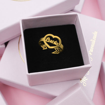 Bague Cœur en Argent 925 Plaqué Or avec Prénom Personnalisé