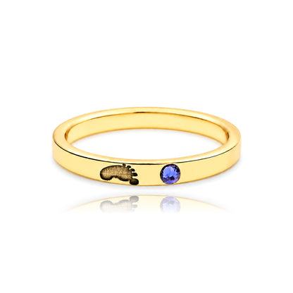 Bague Jeune Maman, empreinte de bébé et pierre de naissance, argent plaqué or