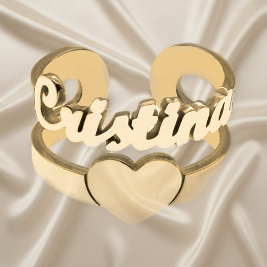 Bague personnalisée prénom et cœur en argent plaqué or