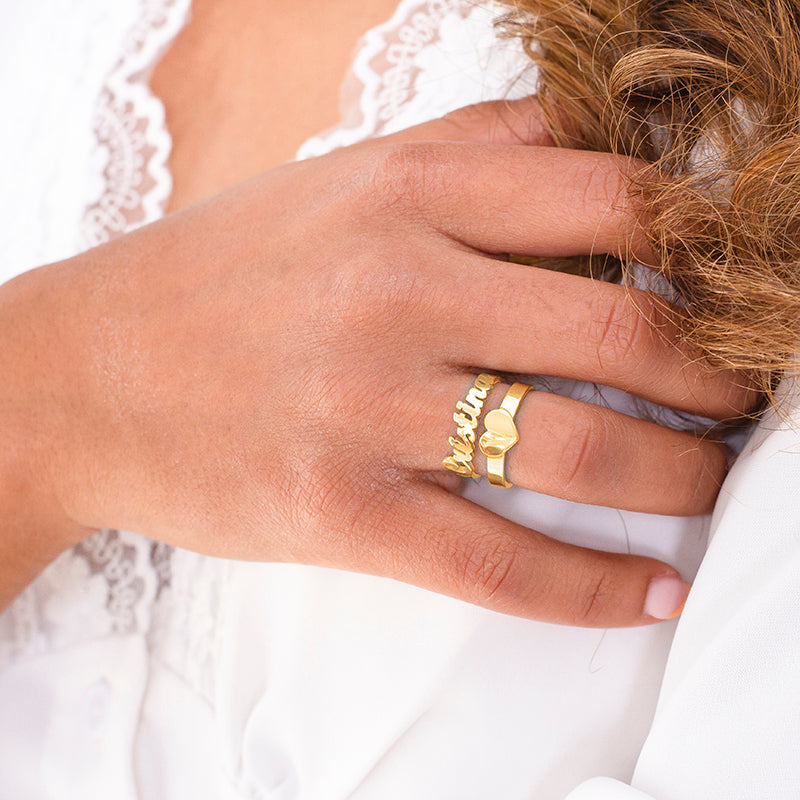 Bague personnalisée prénom et cœur en argent plaqué or