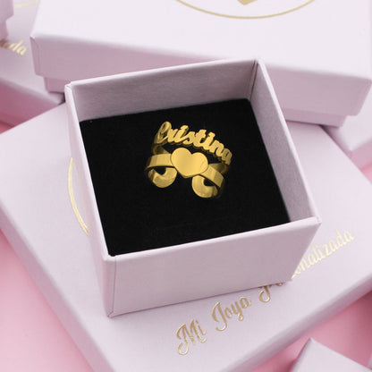 Bague personnalisée prénom et cœur en argent plaqué or