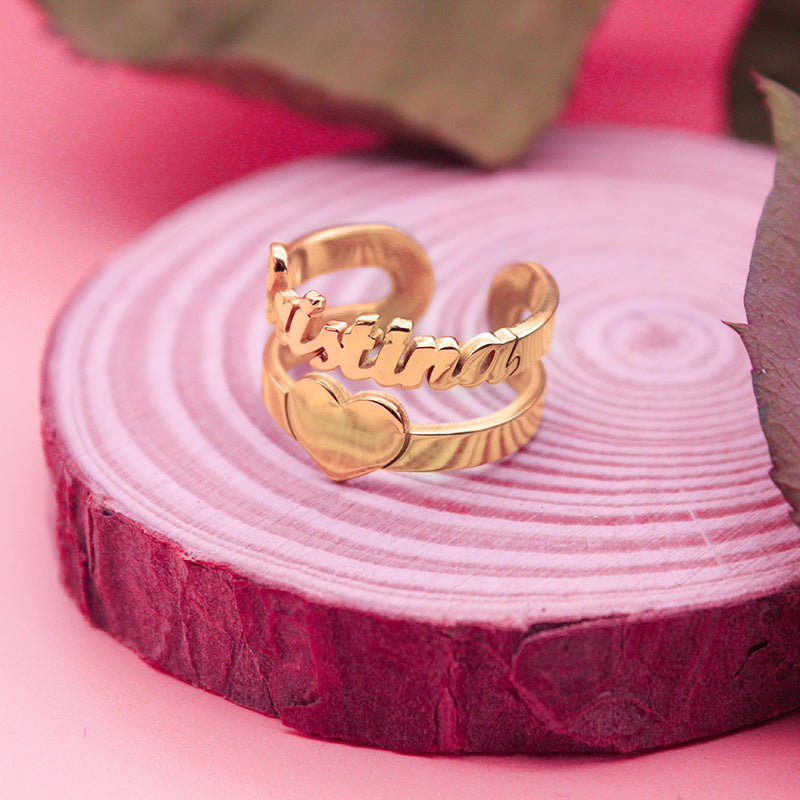 Bague personnalisée prénom et cœur en argent plaqué or