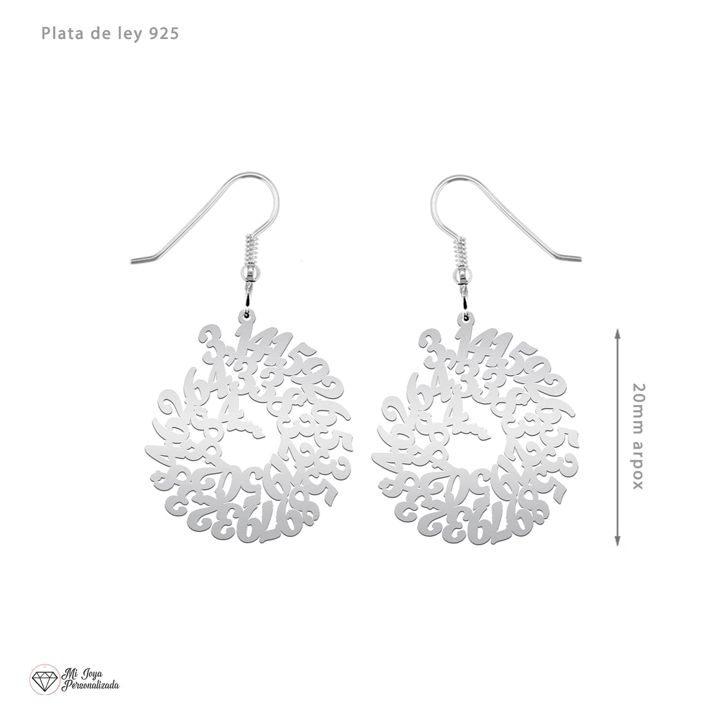 Boucles d'oreilles argent 925 motif nombre Pi