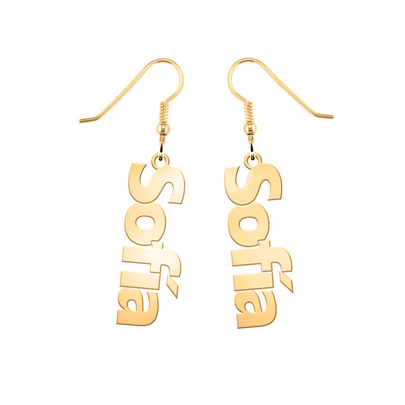 Boucles d'oreilles prénom vertical personnalisées plaqué or