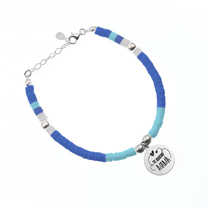 Bracelet ajustable perles bleues et médaille gravée en argent 925