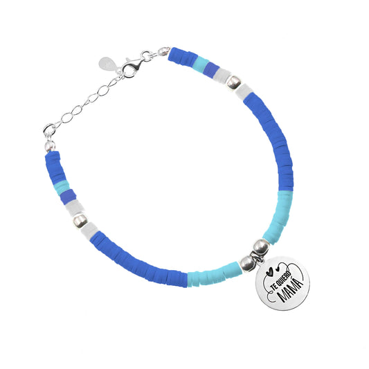 Bracelet ajustable perles bleues et médaille gravée en argent 925