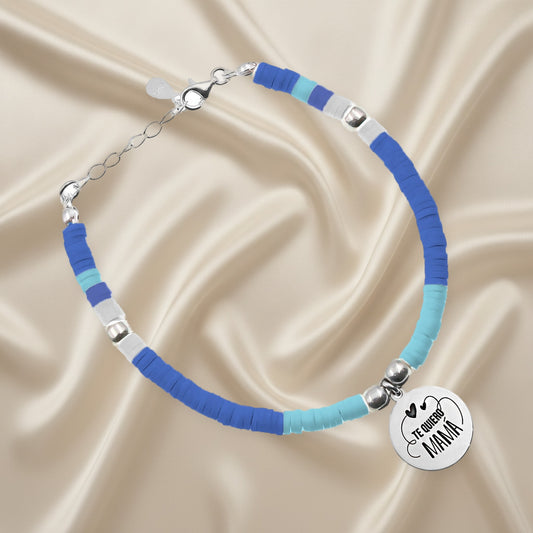 Bracelet ajustable perles bleues et médaille gravée en argent 925