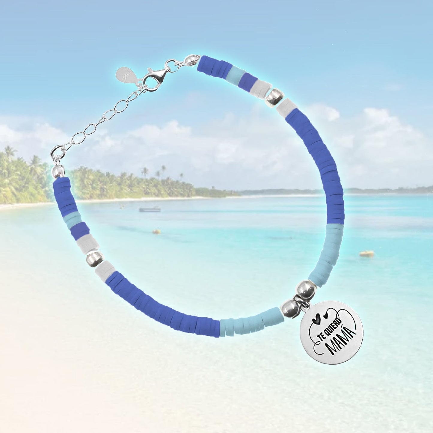 Bracelet ajustable perles bleues et médaille gravée en argent 925