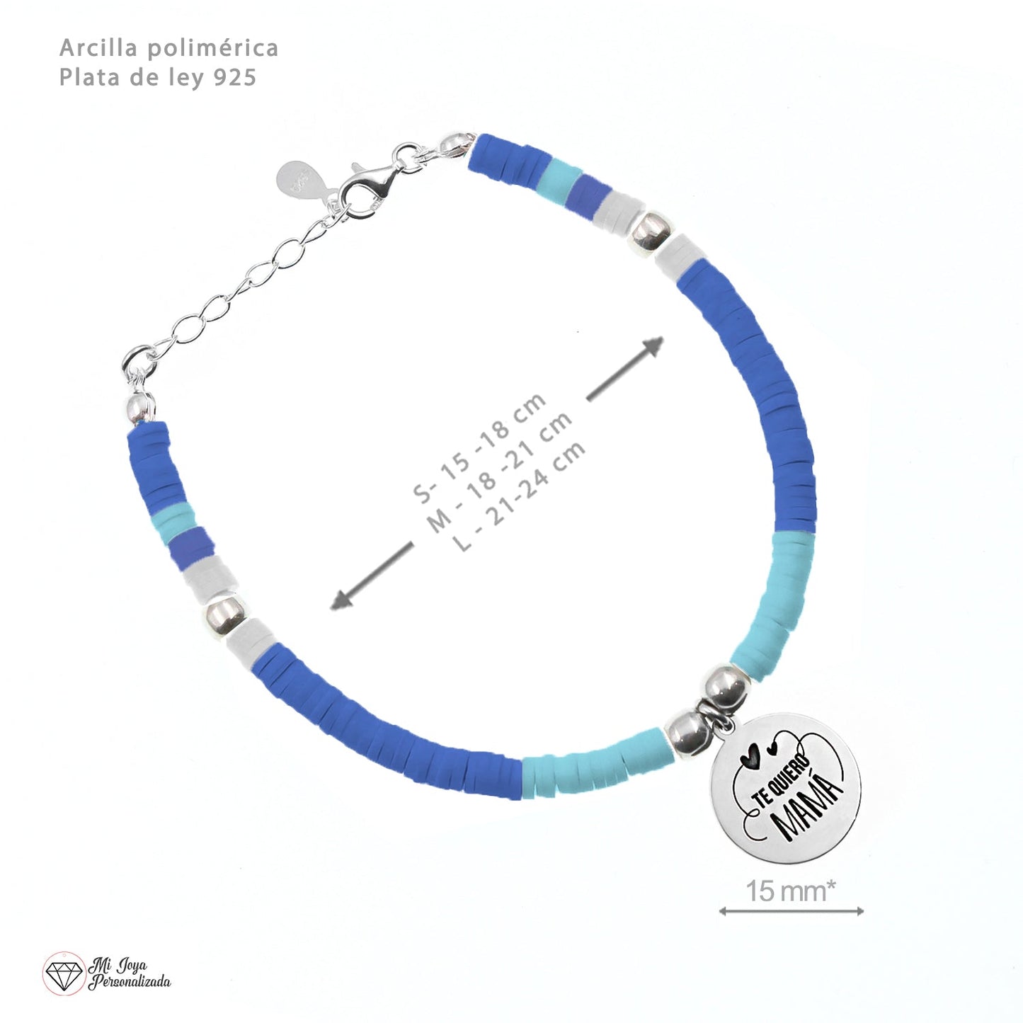 Bracelet ajustable perles bleues et médaille gravée en argent 925