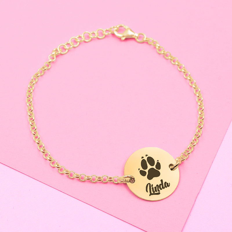 Bracelet argent plaqué or : empreinte et nom de votre animal gravés