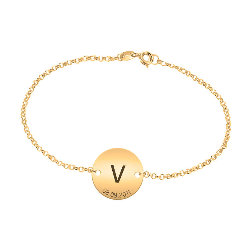 Bracelet argent plaqué or, médaille personnalisable initiale et date
