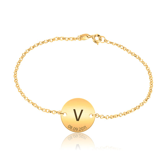 Bracelet argent plaqué or, médaille personnalisable initiale et date