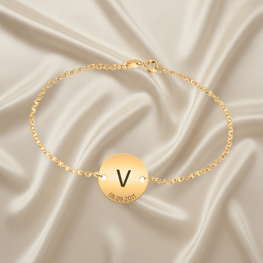 Bracelet argent plaqué or, médaille personnalisable initiale et date