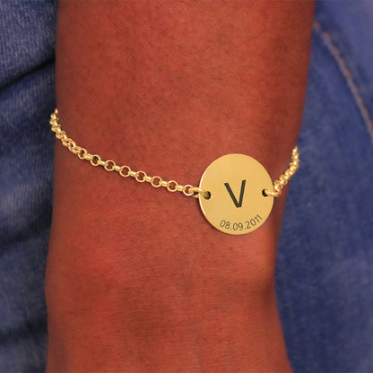 Bracelet argent plaqué or, médaille personnalisable initiale et date