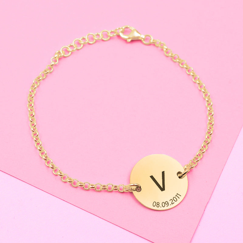 Bracelet argent plaqué or, médaille personnalisable initiale et date