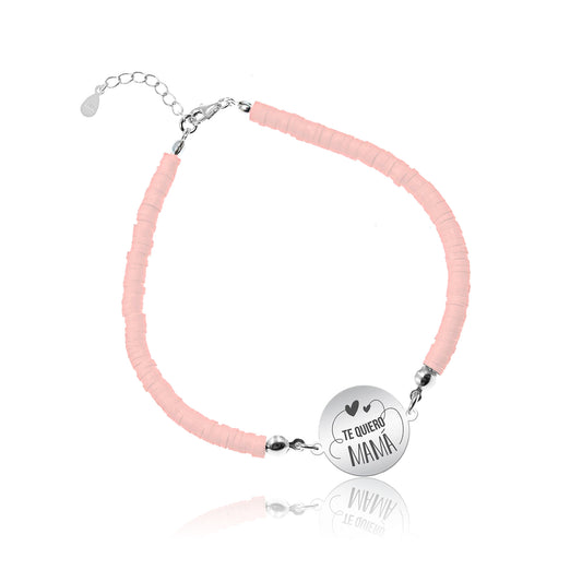 Bracelet argile polymère personnalisé Maman, médaille en argent
