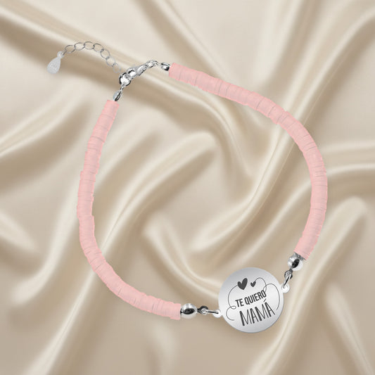 Bracelet argile polymère personnalisé Maman, médaille en argent