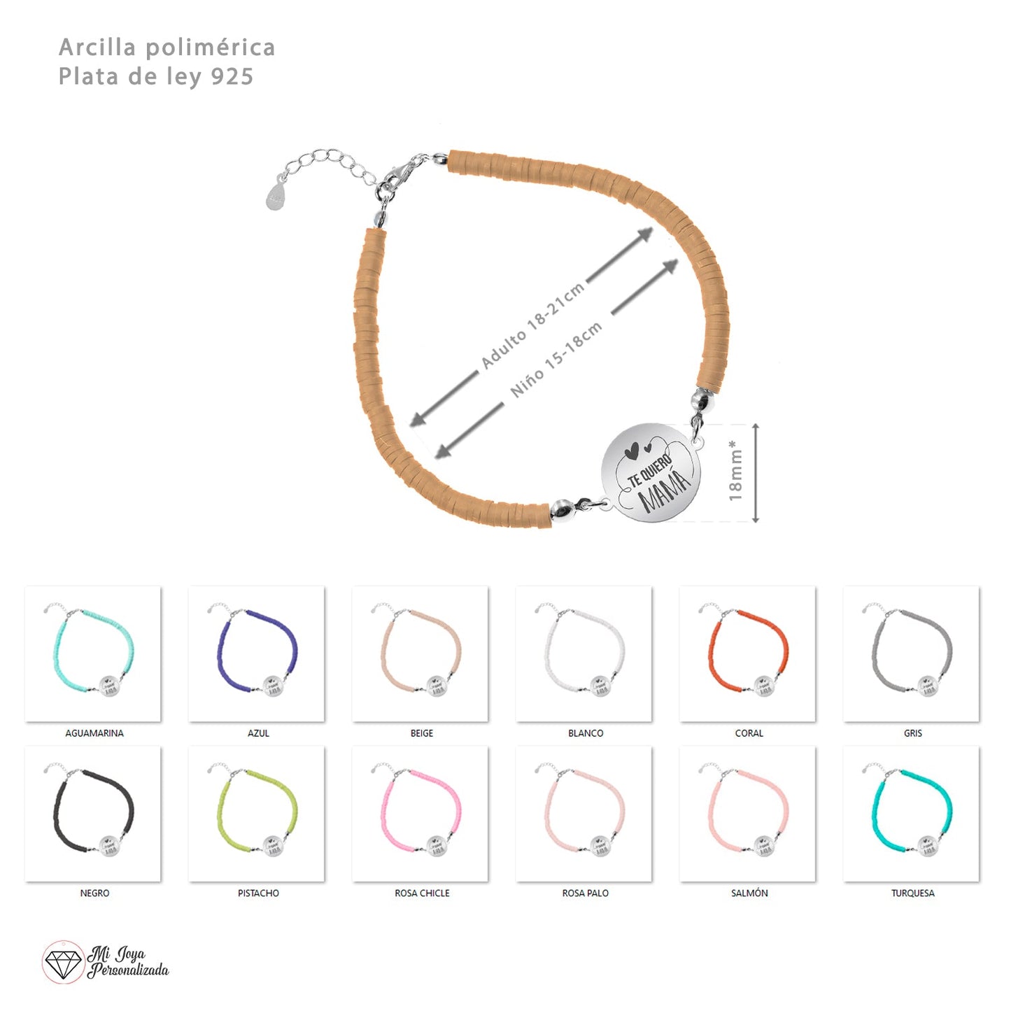 Bracelet argile polymère personnalisé Maman, médaille en argent