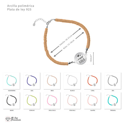 Bracelet argile polymère personnalisé Maman, médaille en argent