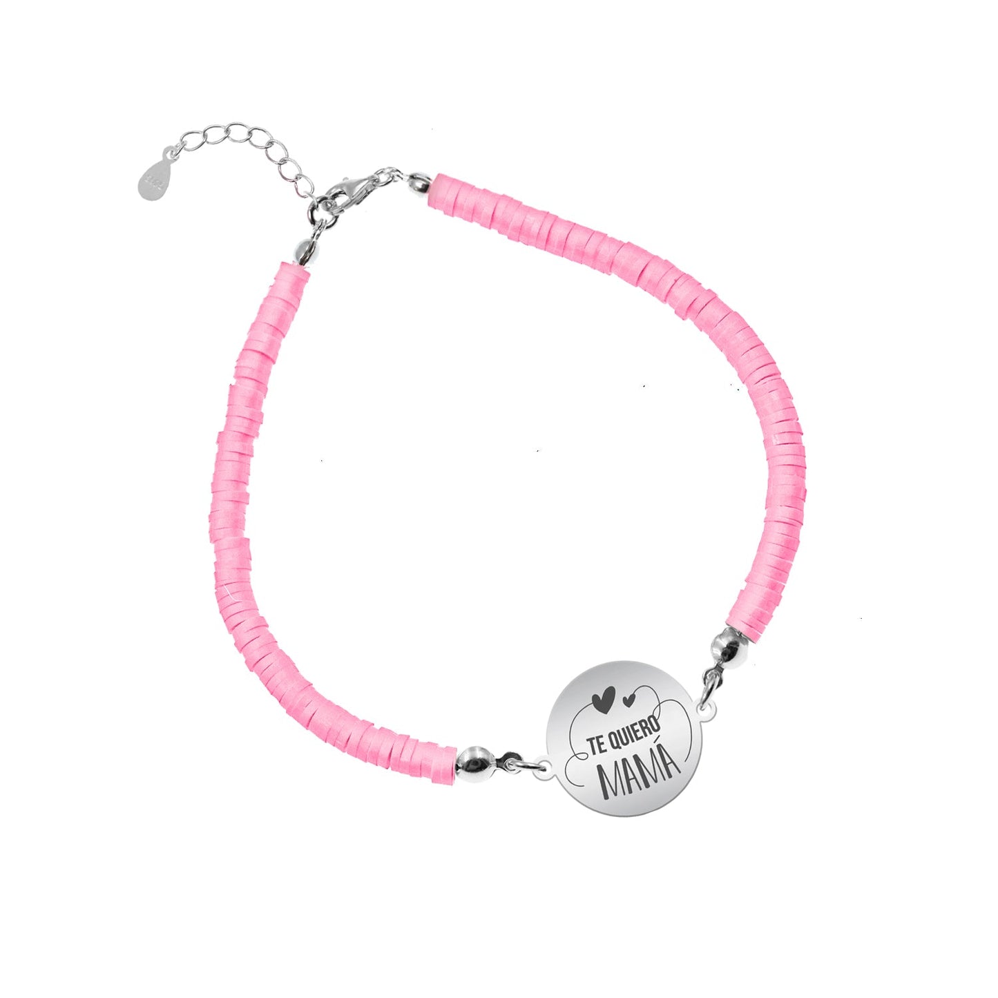 Bracelet argile polymère personnalisé Maman, médaille en argent