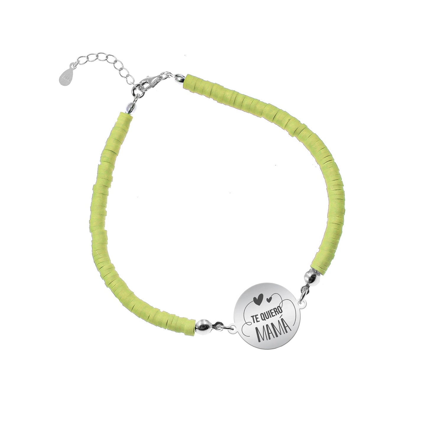 Bracelet argile polymère personnalisé Maman, médaille en argent