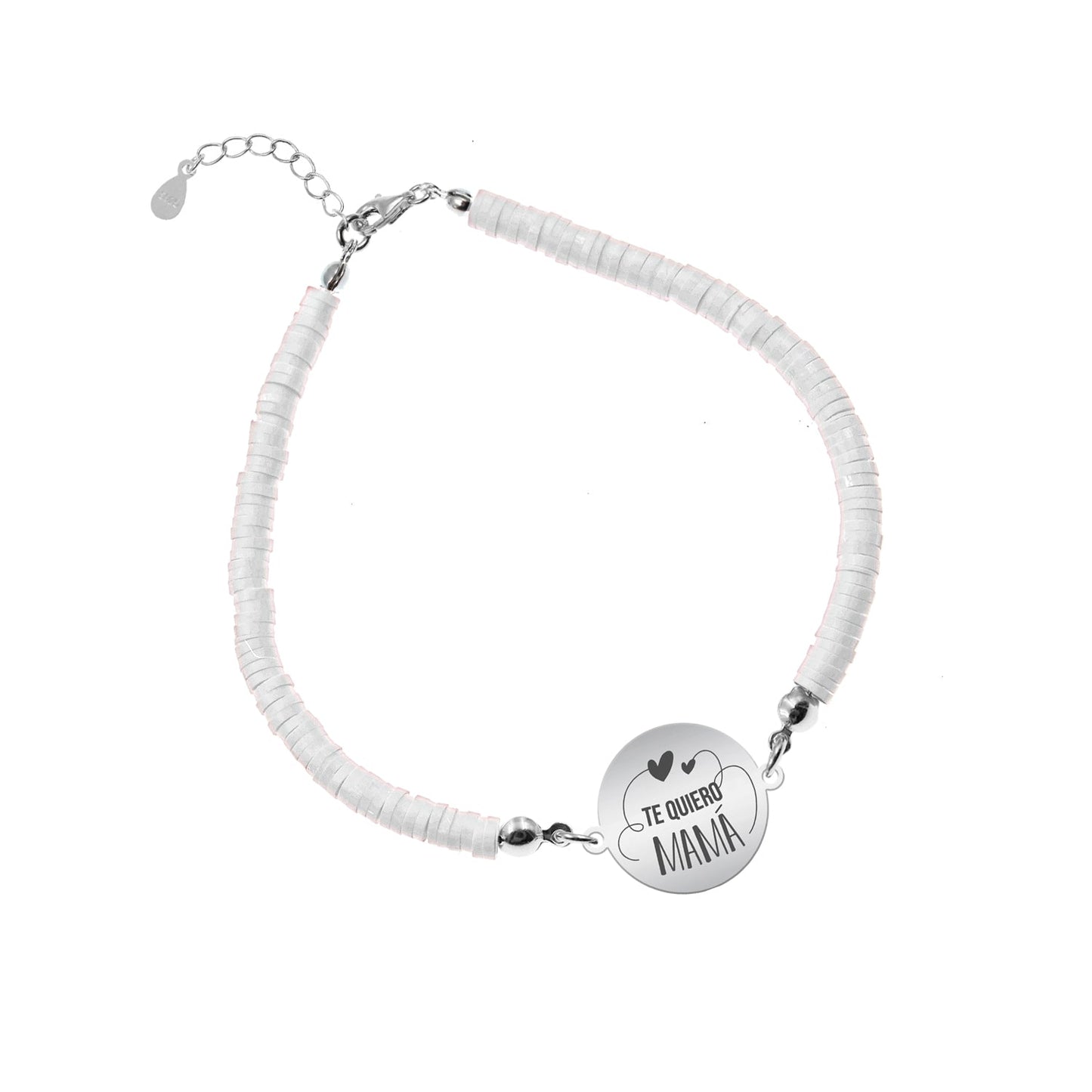 Bracelet argile polymère personnalisé Maman, médaille en argent
