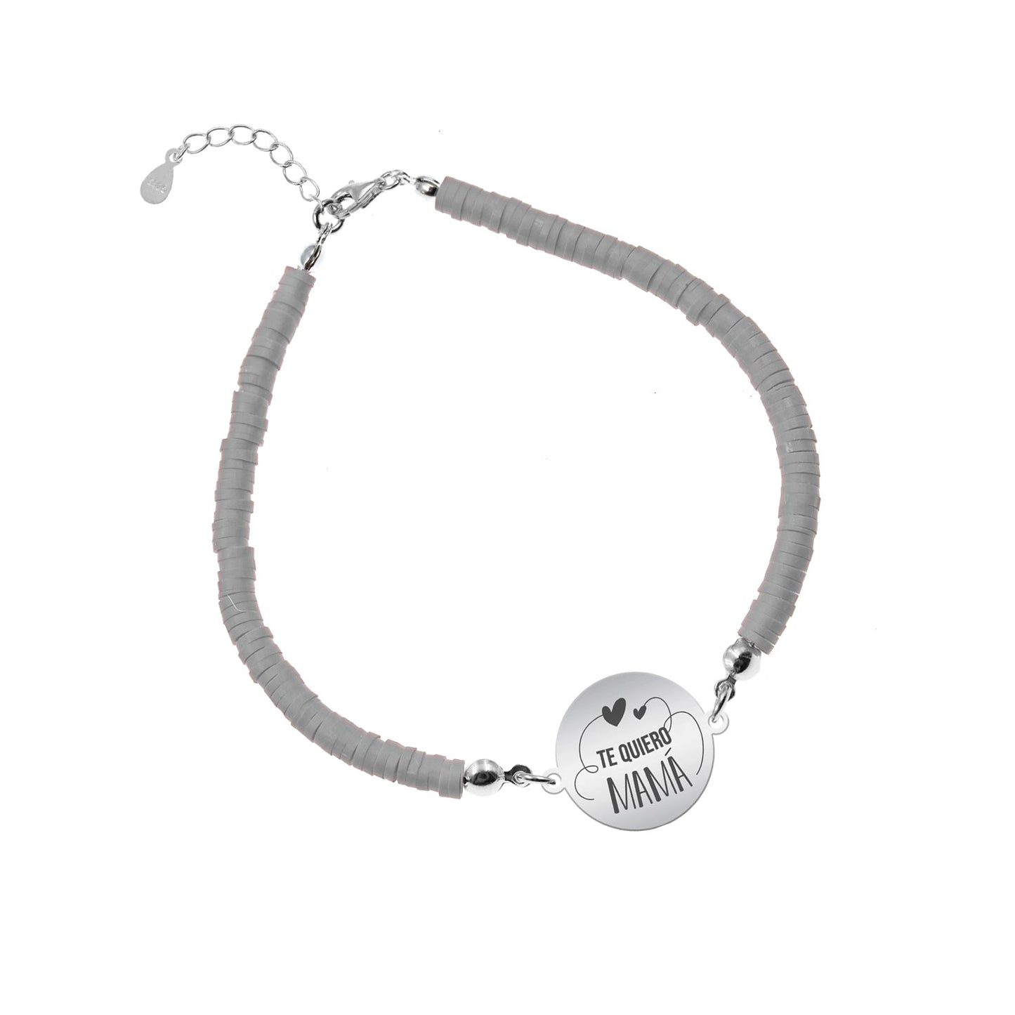 Bracelet argile polymère personnalisé Maman, médaille en argent