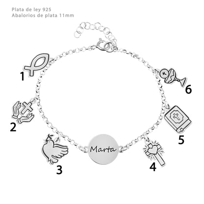 Bracelet Communion Fille, prénom et breloques gravés, argent 925