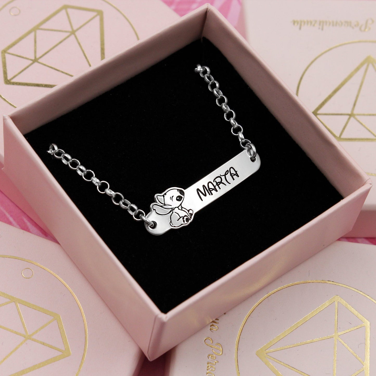 Bracelet Gravé Prénom et Motif Stitch en Argent