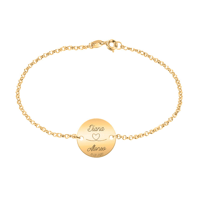 Bracelet gravé prénoms et date, argent plaqué or