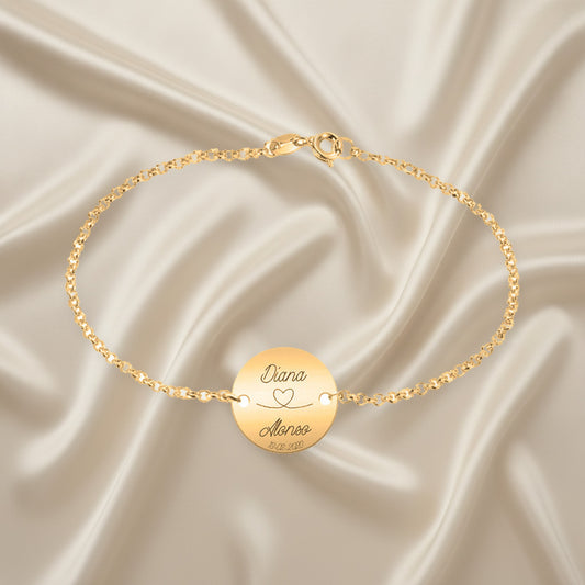 Bracelet gravé prénoms et date, argent plaqué or