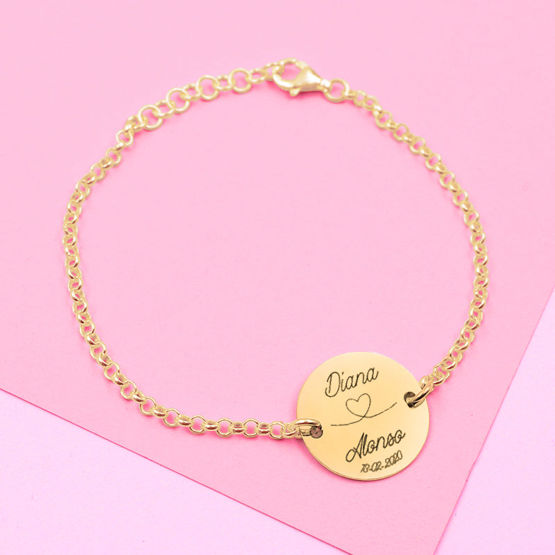 Bracelet gravé prénoms et date, argent plaqué or