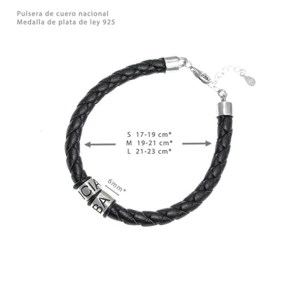 Bracelet Homme Cuir, anneaux argent gravés aux prénoms des enfants