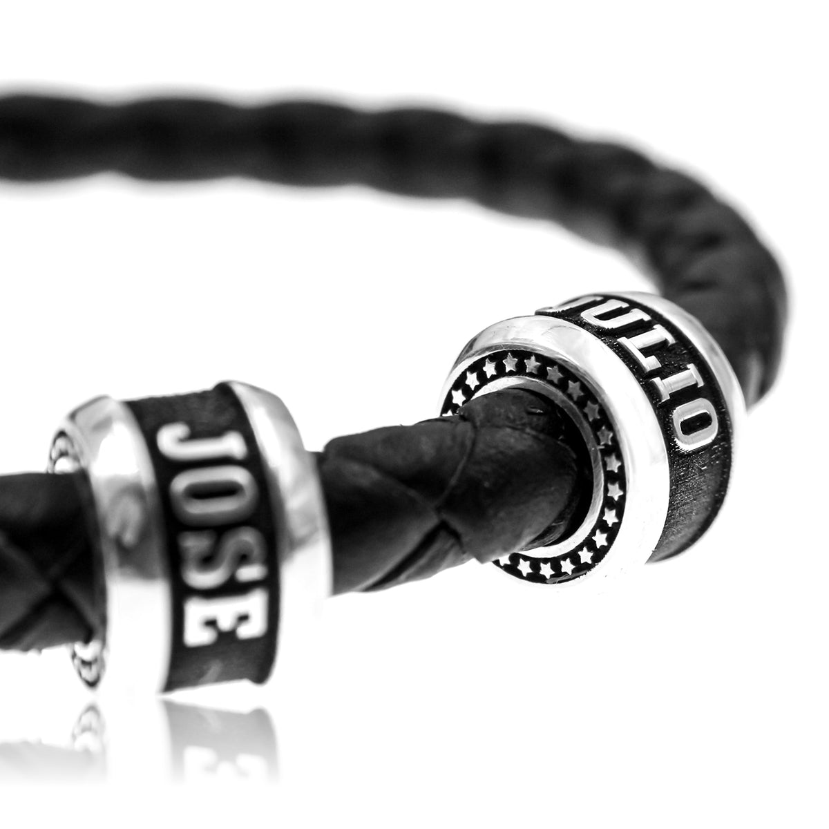Bracelet homme cuir tressé et anneaux argent massif personnalisés — Les Bijoux de Clara