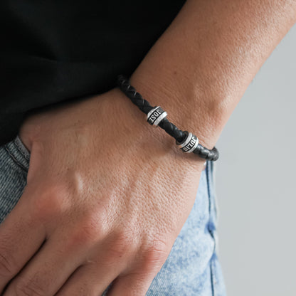 Bracelet homme cuir tressé et anneaux argent massif personnalisés