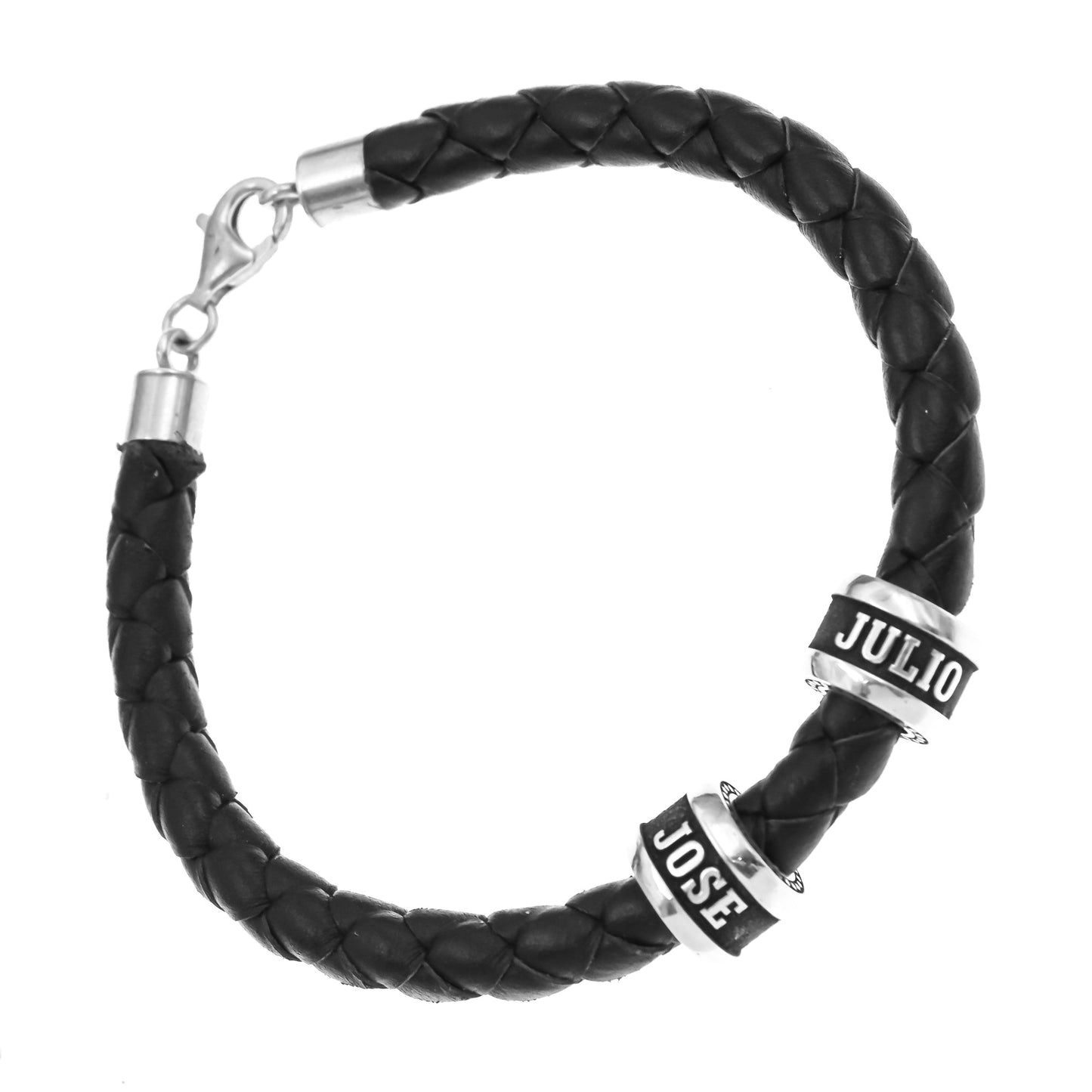 Bracelet homme cuir tressé et anneaux argent massif personnalisés