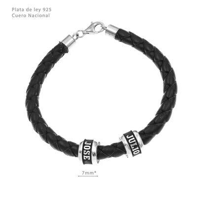 Bracelet Homme Cuir Tressé, anneaux argent massif gravés