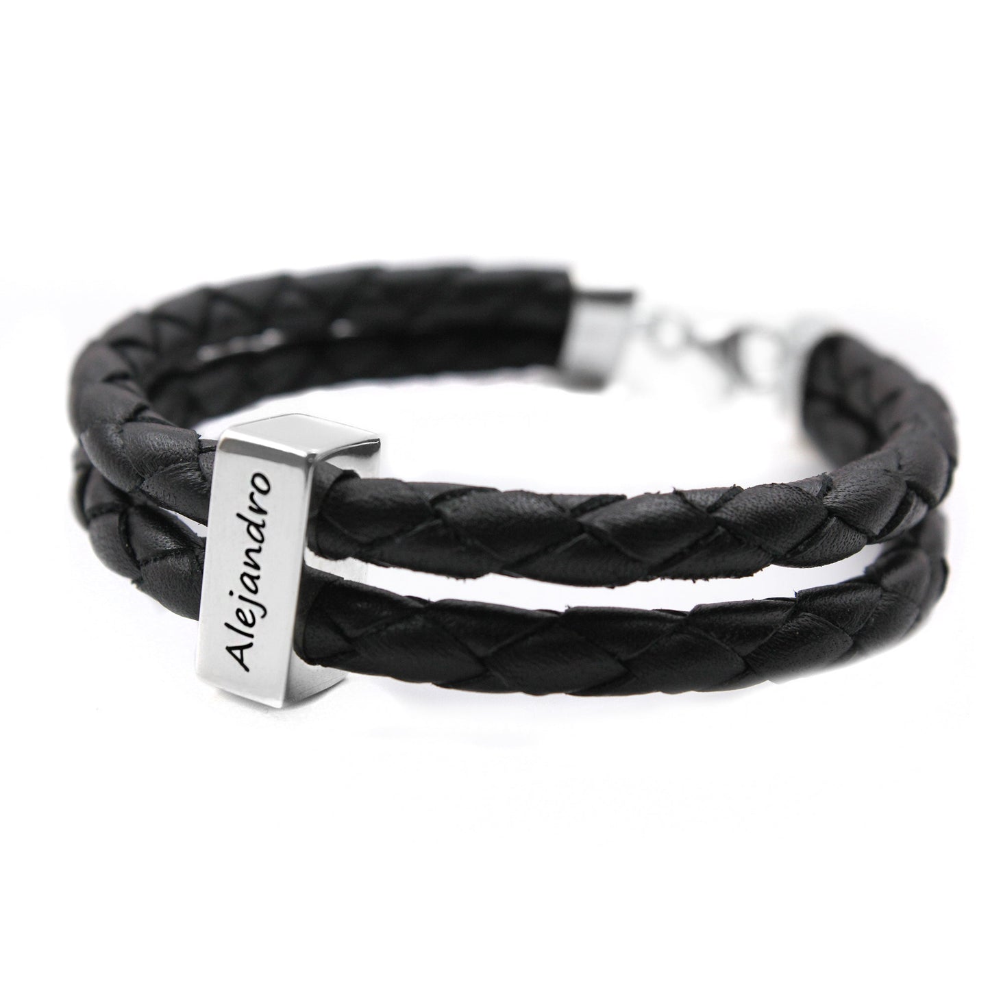 Bracelet homme cuir tressé et lingot argent 925 personnalisable
