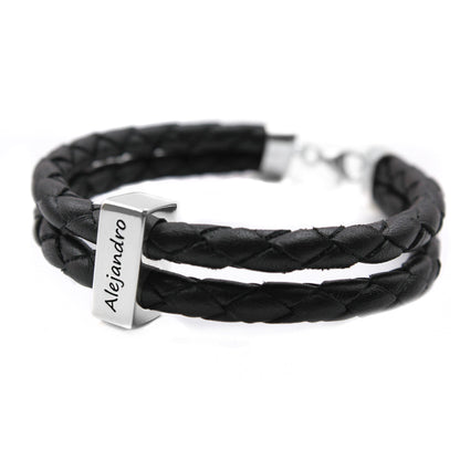 Bracelet homme cuir tressé et lingot argent 925 personnalisable