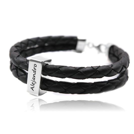 Bracelet homme cuir tressé et lingot argent 925 personnalisable